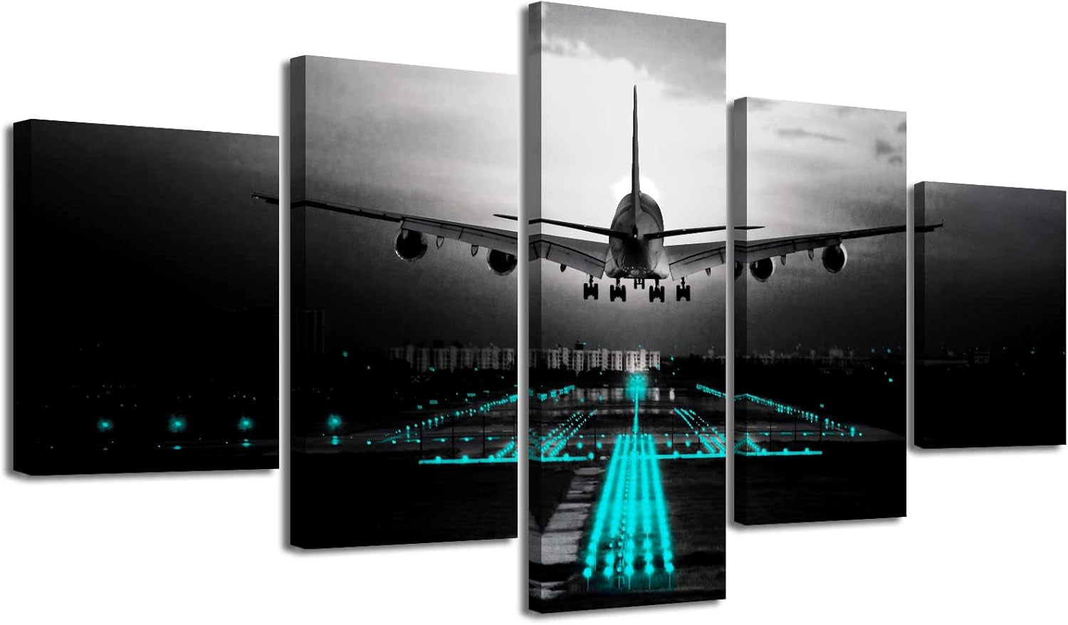 Black Teal Airplane Wall Art Vintage Airplane Wall Decor Canvas Abstract Aviation Painting Decor Print and Framed Artwork for Modern Home Office Large Size Bedroom Decorations 60" W X 32" H