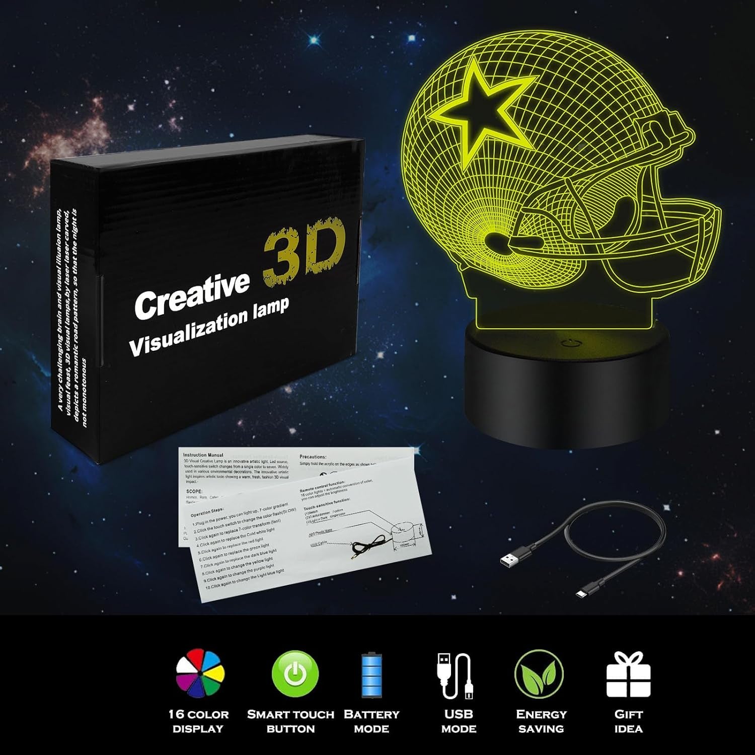 3D Illusion Night Light Desk Lamp, 7 Colors Auto Gradual Changing USB Powered LED Lights with Touch Switch for Kids Gifts Home Decoration (Baseball Helmet) (Baseball Helmet Night Light)