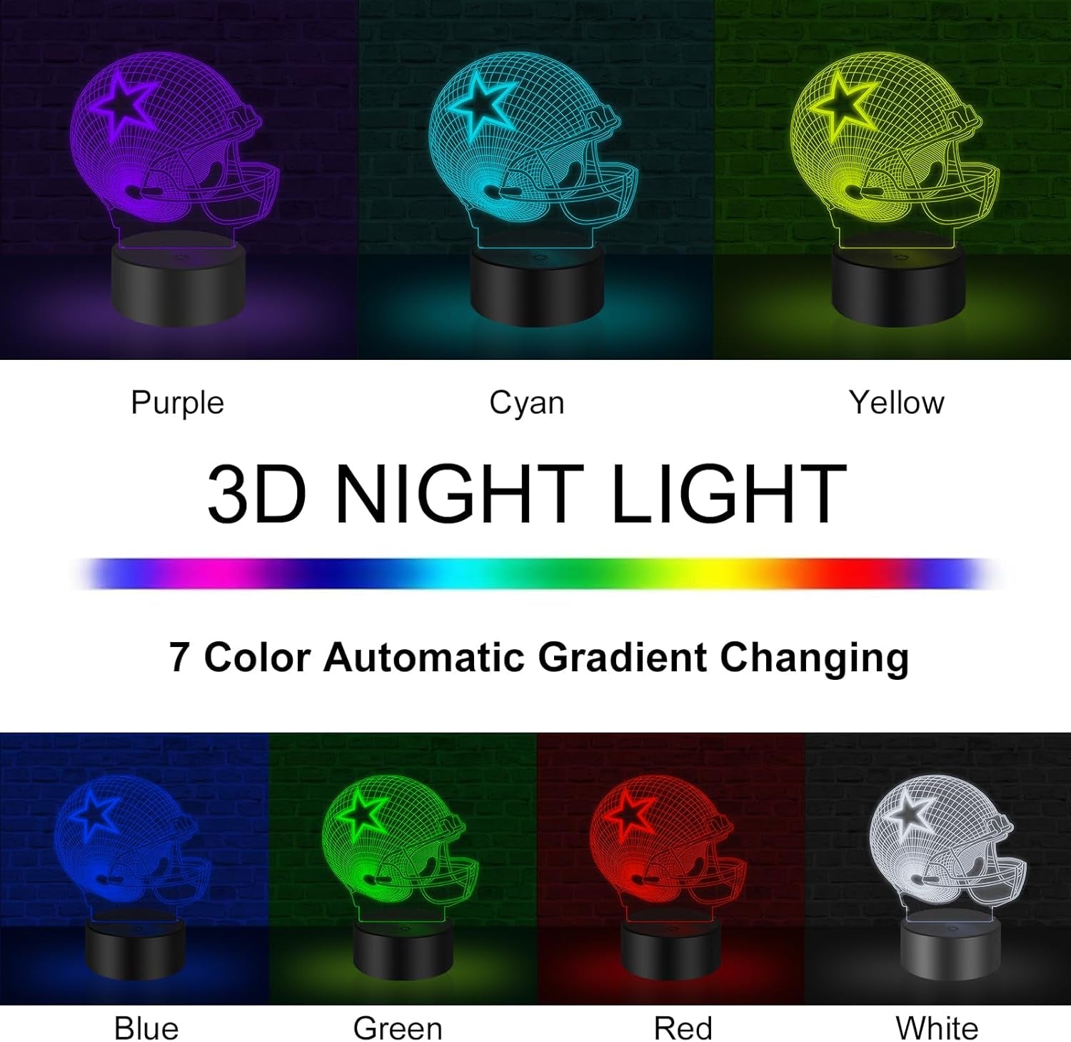 3D Illusion Night Light Desk Lamp, 7 Colors Auto Gradual Changing USB Powered LED Lights with Touch Switch for Kids Gifts Home Decoration (Baseball Helmet) (Baseball Helmet Night Light)