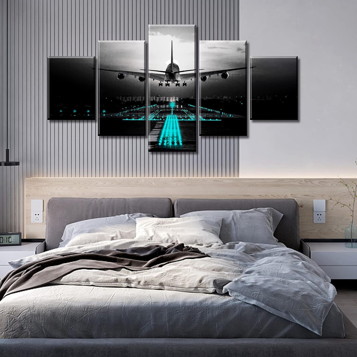 Black Teal Airplane Wall Art Vintage Airplane Wall Decor Canvas Abstract Aviation Painting Decor Print and Framed Artwork for Modern Home Office Large Size Bedroom Decorations 60" W X 32" H