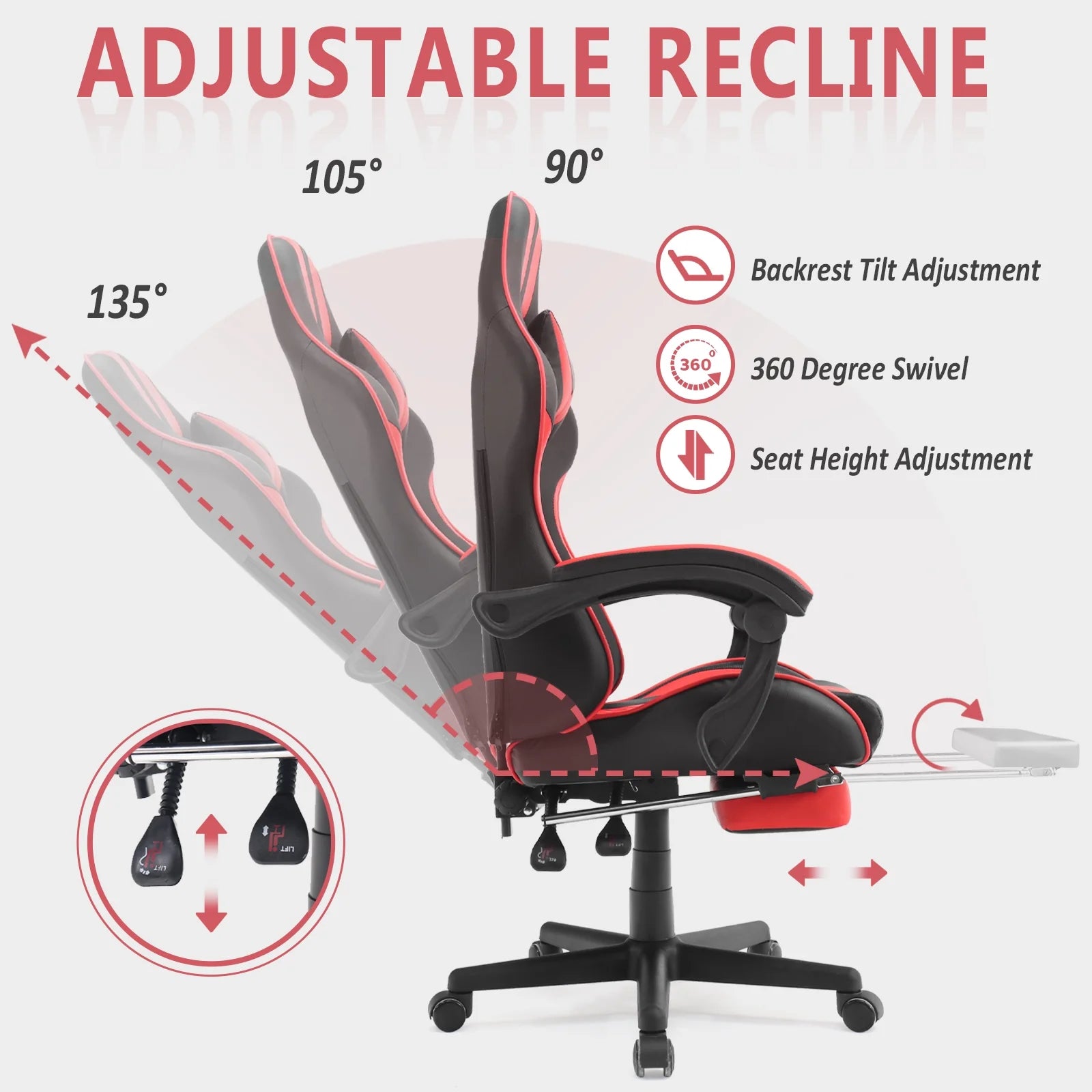 Gaming Chair Massage Office Chair with Footrest, Ergonomic Swivel Gamer Chair with Lumbar Pillow & Headrest, Red