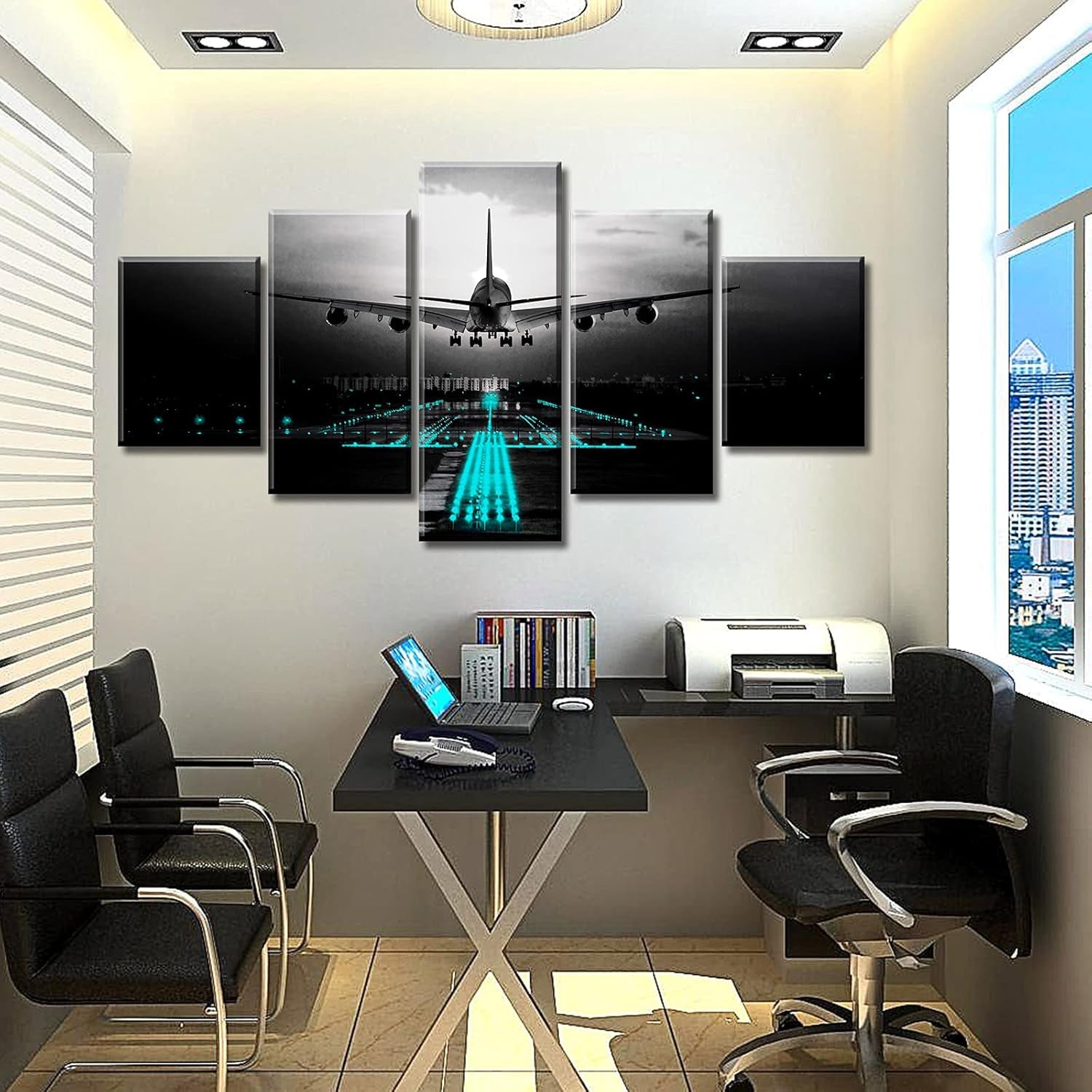 Black Teal Airplane Wall Art Vintage Airplane Wall Decor Canvas Abstract Aviation Painting Decor Print and Framed Artwork for Modern Home Office Large Size Bedroom Decorations 60" W X 32" H