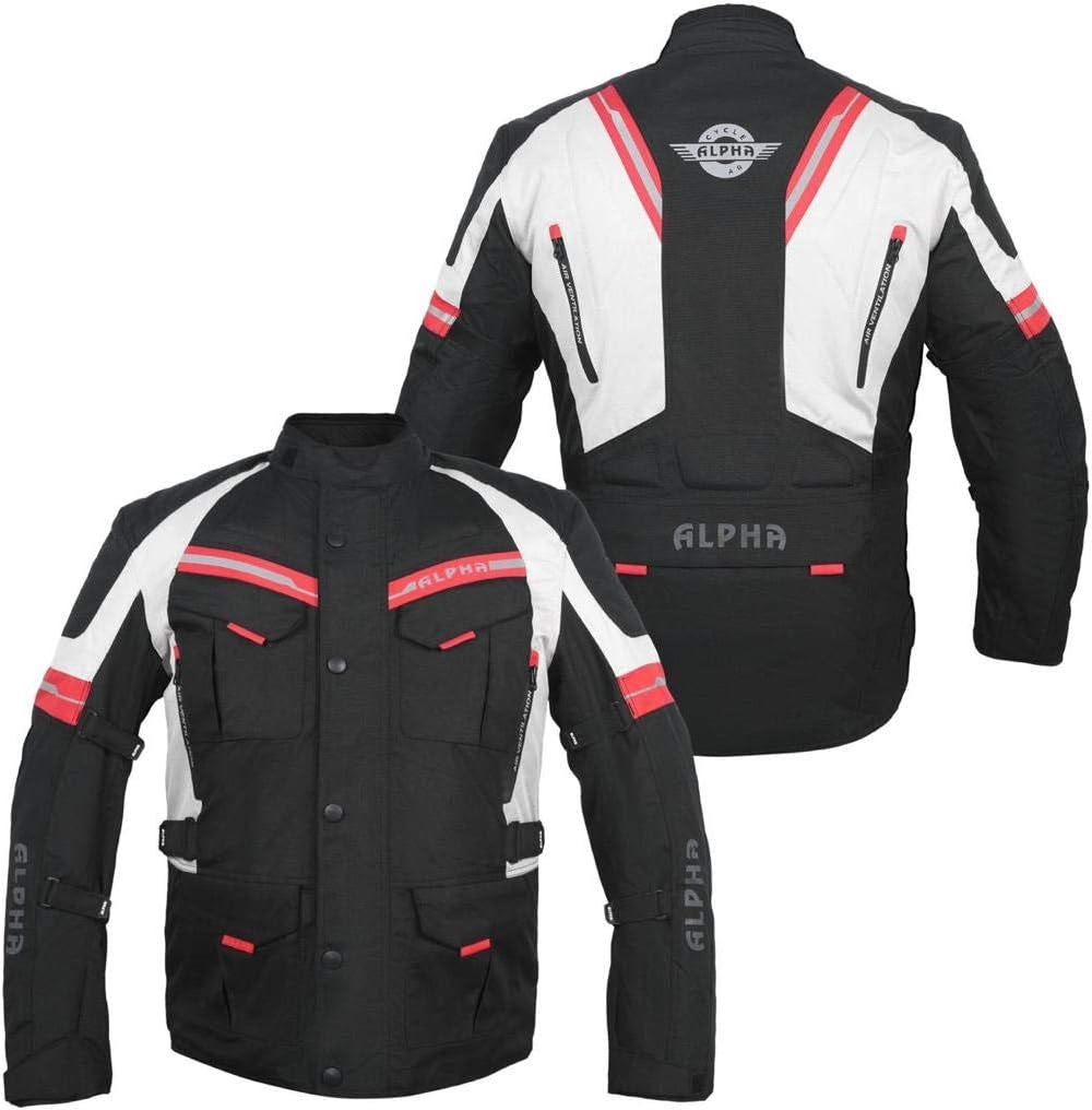 ACG ADVENTURE MOTORCYCLE JACKET MEN for TOURING CE ARMOR WATERPROOF ALL SEASON BIKER RIDING (BLACK/RED, MEDIUM)