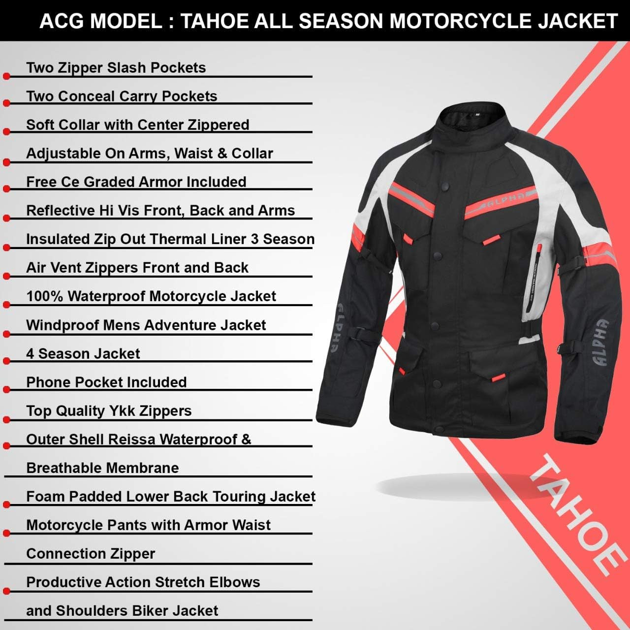 ACG ADVENTURE MOTORCYCLE JACKET MEN for TOURING CE ARMOR WATERPROOF ALL SEASON BIKER RIDING (BLACK/RED, MEDIUM)
