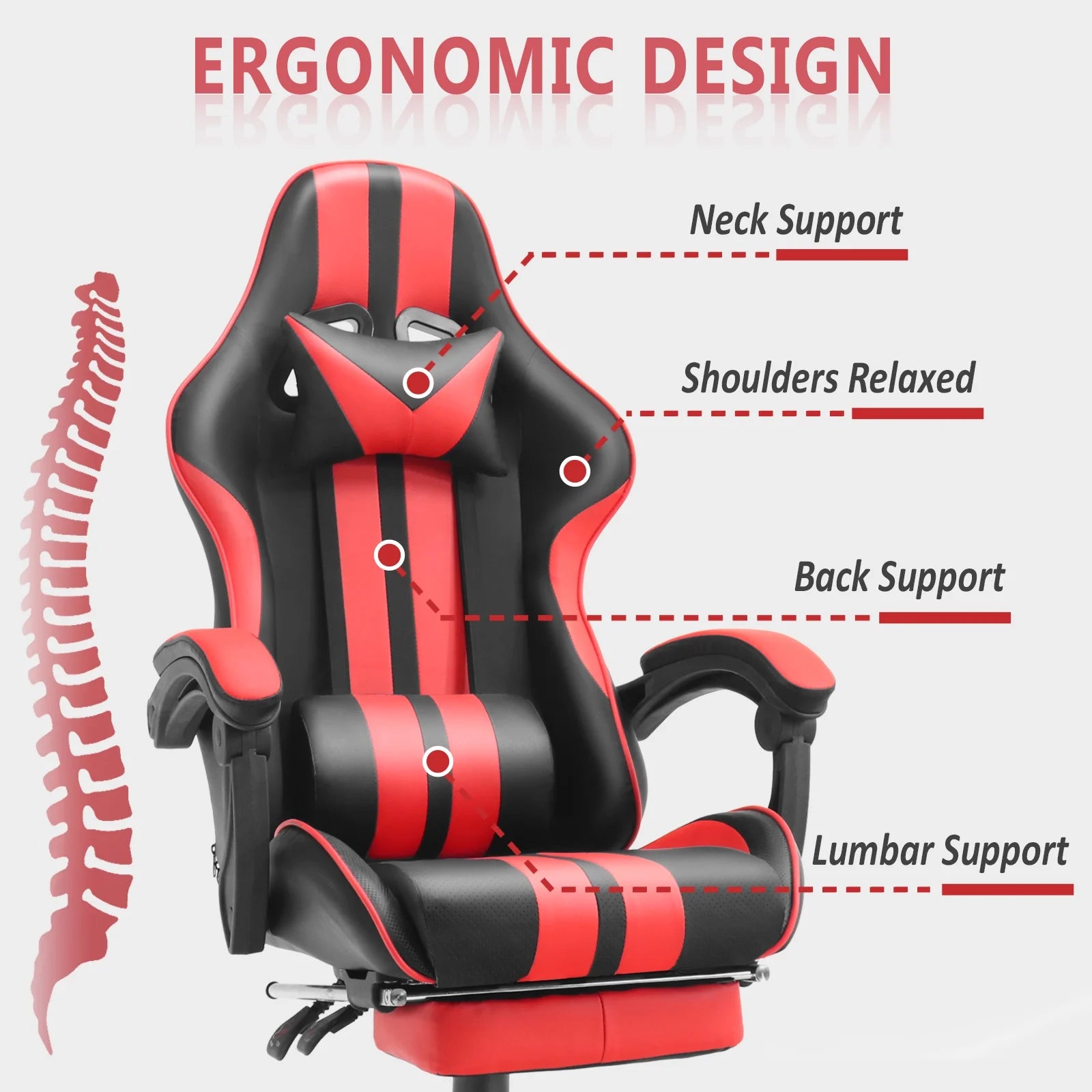 Gaming Chair Massage Office Chair with Footrest, Ergonomic Swivel Gamer Chair with Lumbar Pillow & Headrest, Red