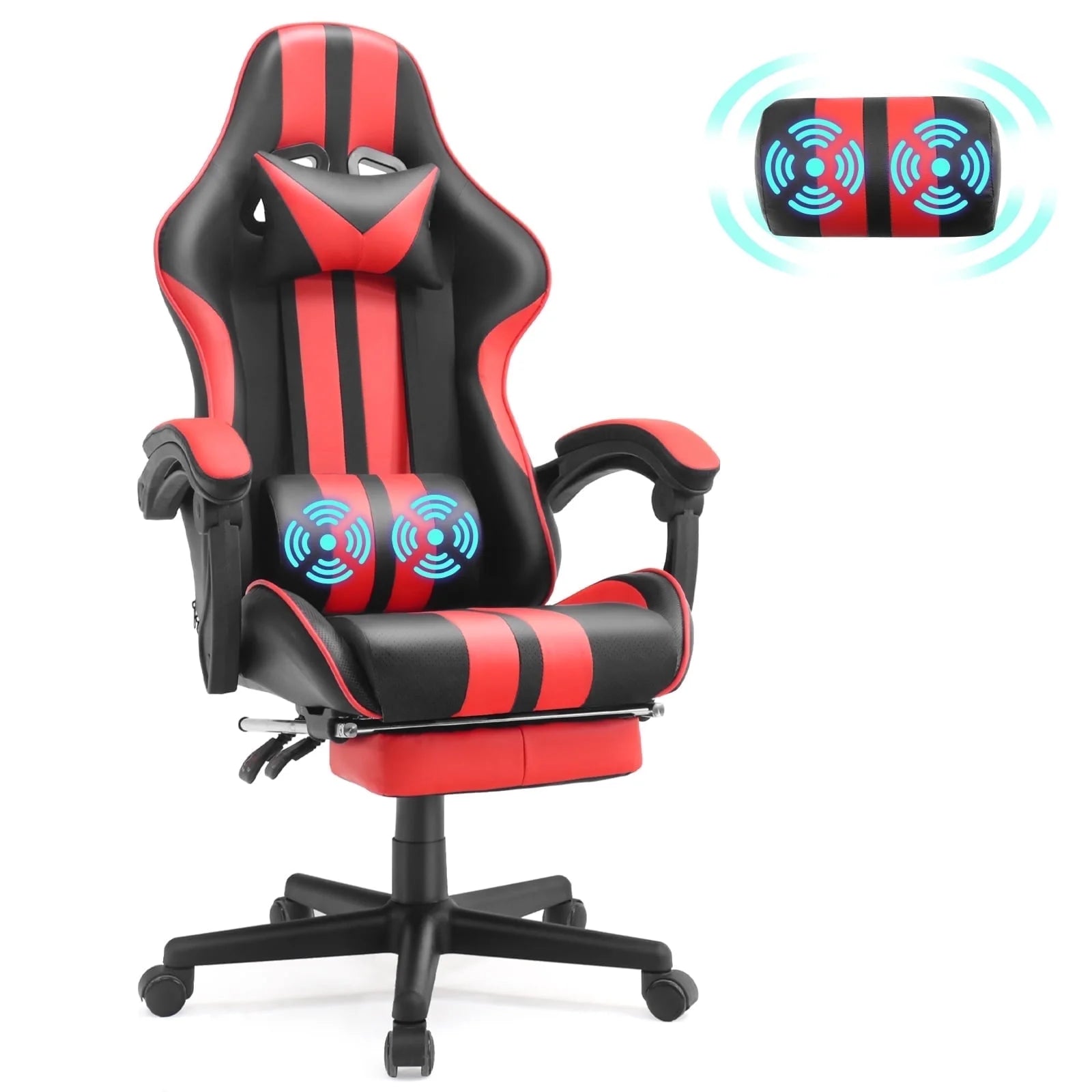 Gaming Chair Massage Office Chair with Footrest, Ergonomic Swivel Gamer Chair with Lumbar Pillow & Headrest, Red