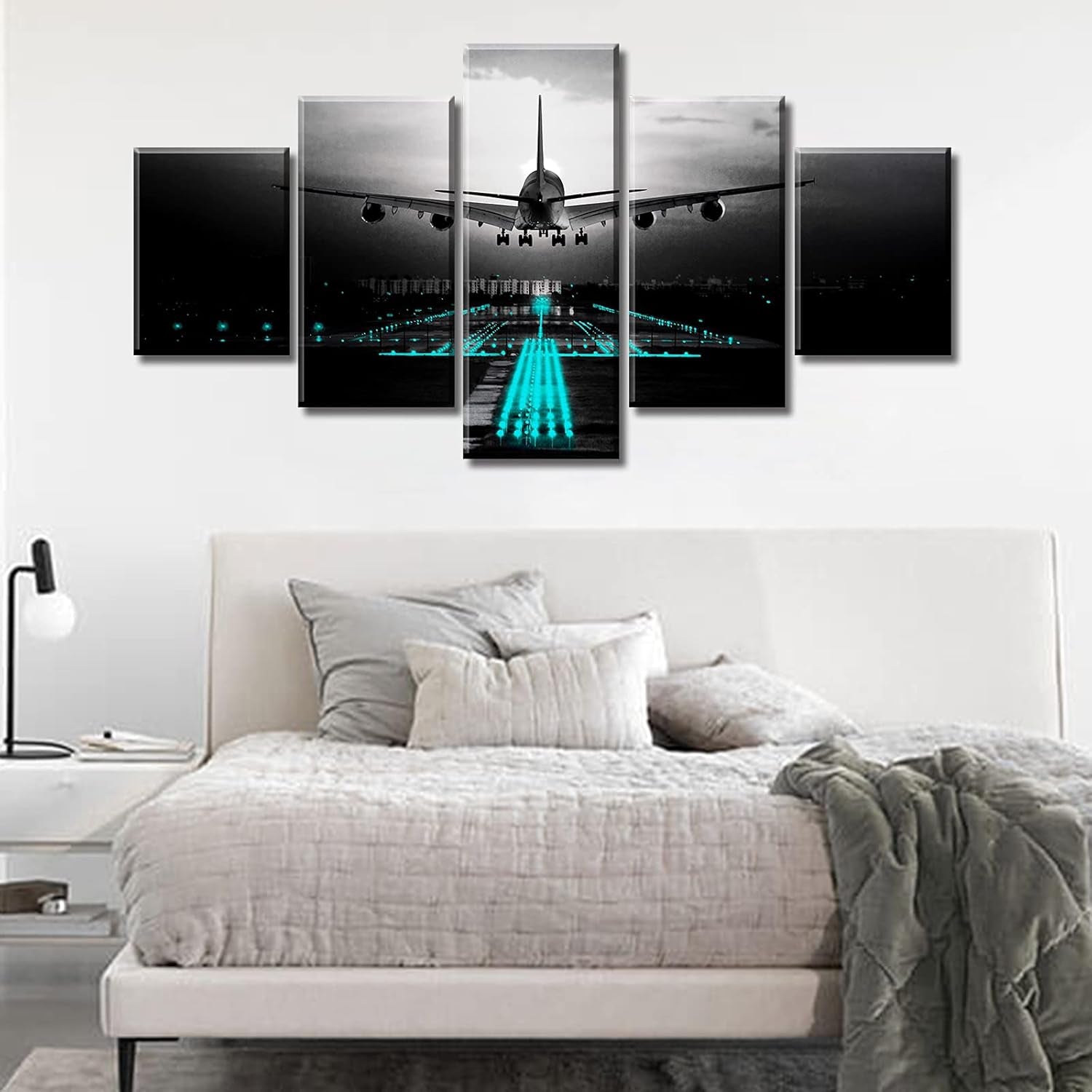 Black Teal Airplane Wall Art Vintage Airplane Wall Decor Canvas Abstract Aviation Painting Decor Print and Framed Artwork for Modern Home Office Large Size Bedroom Decorations 60" W X 32" H